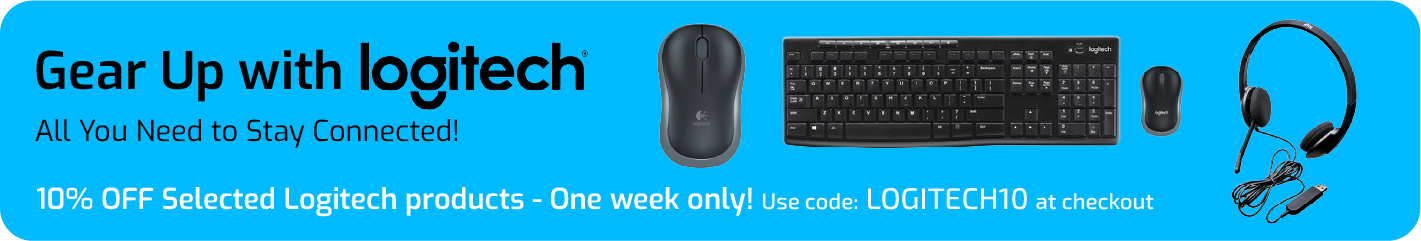 Banner with mouse, headset and Keyboard. Text: 10% Off Selected Logitech Products for 1 week only